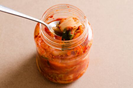 Kimchi cabbage (Korean food) in a jar ready to eatingの写真素材
