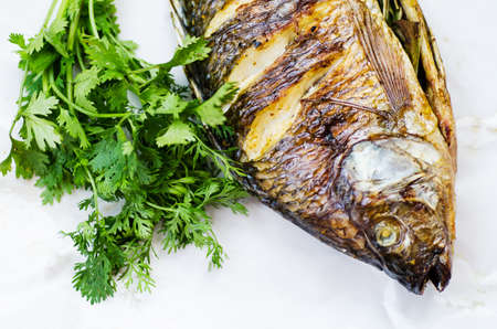 Grilled fish with coriander leavesの写真素材