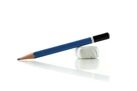 Pencil and eraser on white backgroundの写真素材