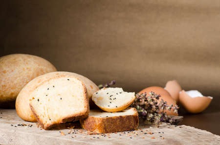 Sliced sesame bread on rustic wooden,Homemade bakery cooking at home,Healthy foodの写真素材