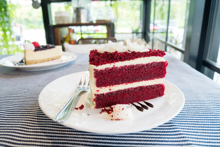Red velvet cake on dish ready for eatingの写真素材