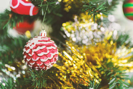 Christmas decoration, red pine cone hanging on pine tree branch
