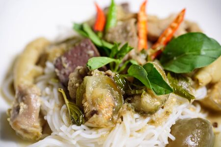 Thai green curry chicken with rice noodles, Thai foodの写真素材