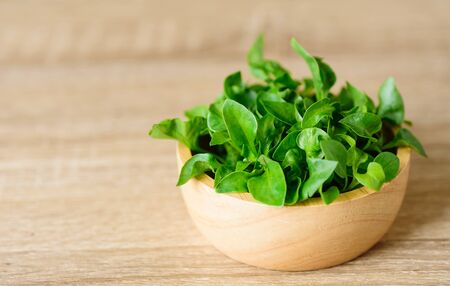Fresh watercress in bowl on wooden background