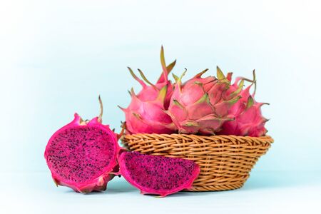 Red dragon fruit in basket, tropical fruitの写真素材