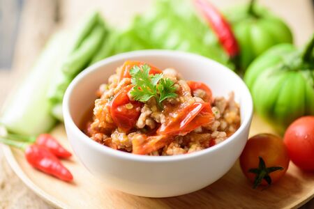 Spicy chili minced pork with tomatoes (Nam Prik Ong), Thai chili paste, Northern Thai foodの写真素材