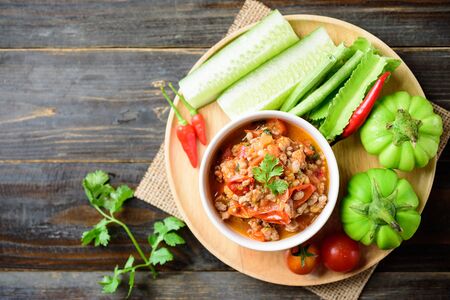 Spicy chili minced pork with tomatoes (Nam Prik Ong), Thai chili paste, Northern Thai food, top viewの写真素材