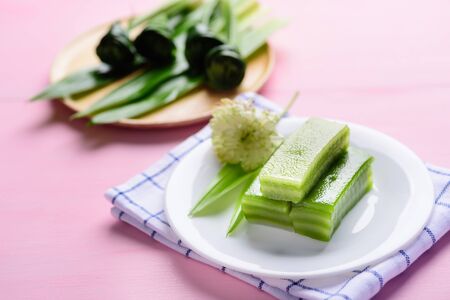 Thai dessert (Khanom chan), steamed layer sweet cake with pandan flavorの写真素材
