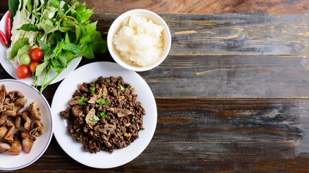 Northern Thai food, spicy minced pork salad (Larb Moo Kua)の写真素材
