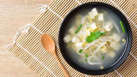 Mung bean sprouts soup with sliced tofu, Asian foodの写真素材