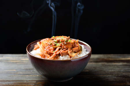 Korean food, Stir- fried kimchi with pork on cooked rice in a bowl on wooden backgroundの写真素材