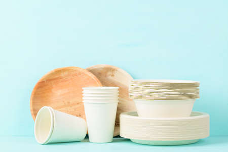 Biodegradable, Compostable, Disposable or Eco friendly utensil (plate, dish, bowl, cup) on pastel color background, Sustainable conceptの写真素材