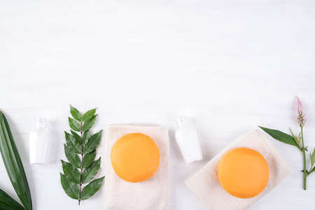 Organic natural product for skin care (handmade soap and lotion) on white background, Top view