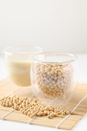 Soybeans seed and soy milk in a glass, Healthy drinkの写真素材