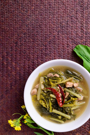 Northern Thai food (Pak Kad Jor), Sour soup Thai flowering bok choy with pork in a bowl