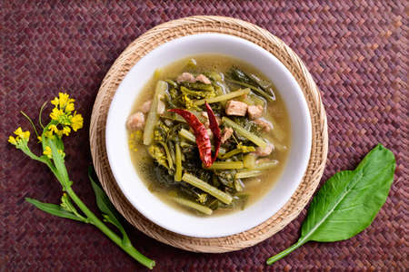 Northern Thai food (Pak Kad Jor), Sour soup Thai flowering bok choy with pork in a bowl