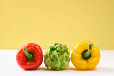 Fresh cos lettuce and bell peppers in on white and yellow backgroundの写真素材