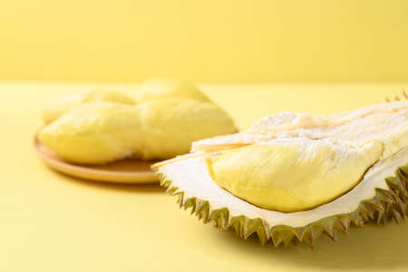 Ripe Thai durian fruit (Monthong) on yellow background, Tropical fruitの写真素材