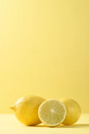 Fresh lemon on yellow color backgroundの写真素材