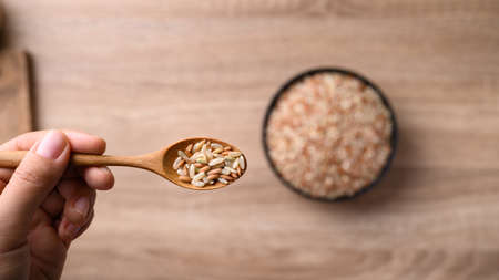 Organic Thai highland brown rice grain in a bowl and wooden spoon holding by hand (Cargo rice, Loonzain rice or Husked rice), Healthy foodの写真素材