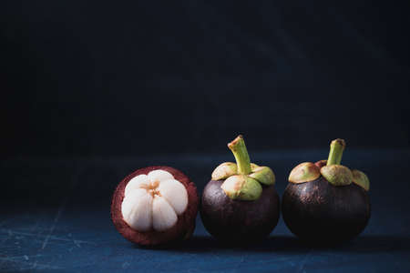 Mangosteen fruit on dark blue color background, Tropical fruit, Still lifeの写真素材