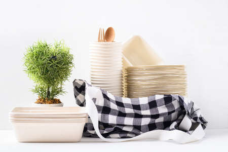 Biodegradable bowl and cup made from natural fiber with fabric bag on white background, Eco friendly and sustainability conceptの写真素材