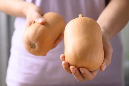 Fresh butternut squash holding by woman hand, Organic vegetablesの写真素材
