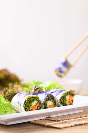 Vegan salad spring roll vegetable with edible flower, Healthy eating