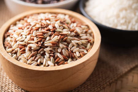Close up of Organic Brown Thai rice grain in a bowl