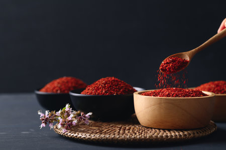 Korean red chili powder in a spoon and pouring in a bowl, Chili flakesの写真素材