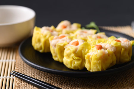 Shrimp shumai, Open-topped dumpling filled with chopped shrimp, Traditional Chinese steamed dumplingの写真素材