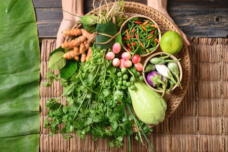 Fresh organic Southeast Asian vegetables and spices from local farmer market, Northern of Thailand, Sustainability concept, Table top viewの写真素材