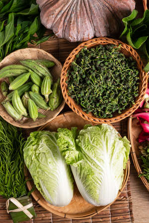 Fresh organic Southeast Asian vegetables from local farmer market, Northern of Thailand, Sustainability conceptの写真素材