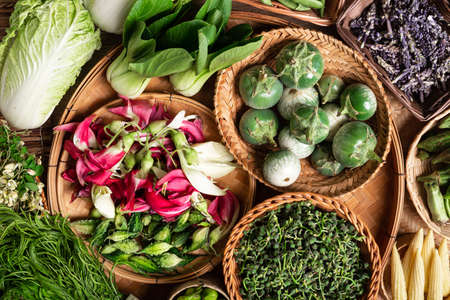 Fresh organic Southeast Asian vegetables and edible flowers from local farmer market, Northern of Thailand, Sustainability conceptの写真素材