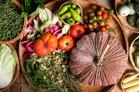 Fresh organic Southeast Asian vegetables and edible flowers from local farmer market, Northern of Thailand, Sustainability conceptの写真素材