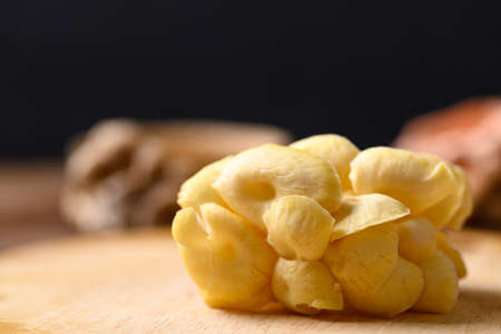 Yellow mushroom (Edible mushroom) on wooden board prepare for cookingの写真素材