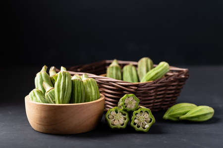 Green okra or ladies fingers (Edible green seed pods), Organic vegetables from local farmer market