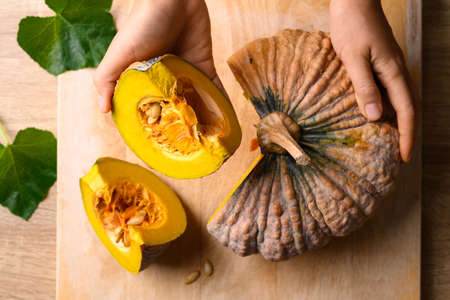 Asian pumpkin prepare for cooking, Table top viewの写真素材