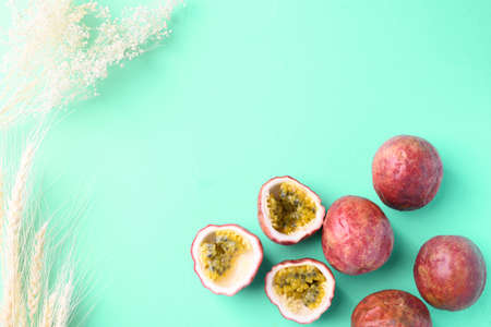 Passion fruit on pastel color background with copy space, Tropical fruit in summer season