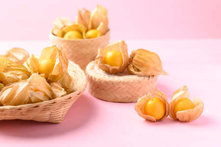 Cape gooseberry or golden berry (Physalis peruviana) on pink background