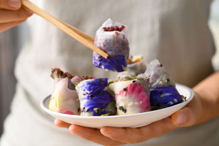 Fresh spring roll with flower and vegetable, Vegan foodの写真素材