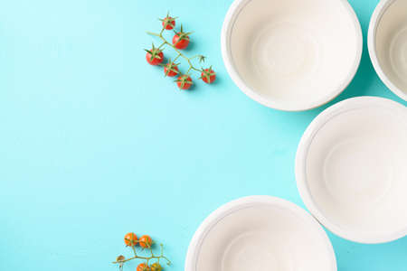 Biodegradable bowl made from natural fiber on color background, Eco friendly and sustainability conceptの写真素材