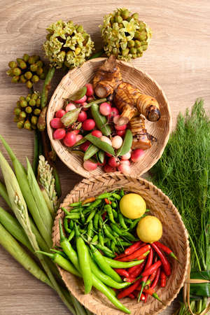 Organic Southeast Asian vegetables from local farmer market in Thailand, Sustainability concept,...