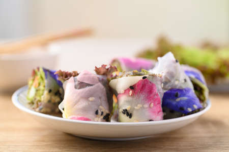 Fresh spring roll with flower and vegetable, Vegan foodの写真素材