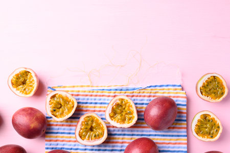Passion fruit on pink background, Tropical fruit in summer seasonの写真素材