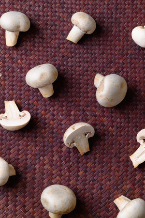 Fresh white champignon mushroom, Flat layの写真素材