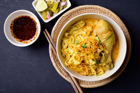 Northern Thai food (Khao Soi), Spicy curry noodles soup with chicken, Local Thai foodの写真素材