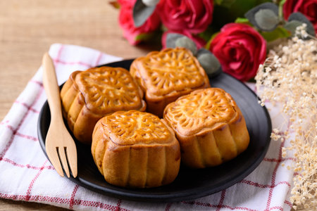 Chinese moon cake, traditional dessert celebrating in Chinese festival mid autumn or new yearの写真素材