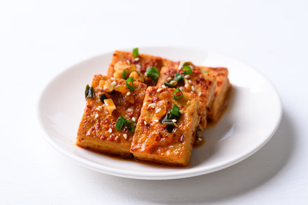 Korean side dish, spicy braised tofu (Dubu Jorim) on white backgroundの写真素材