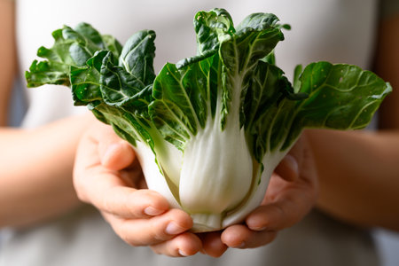 Organic bok choy holding by woman hand, Vegetables from local farmers market in spring season,...
